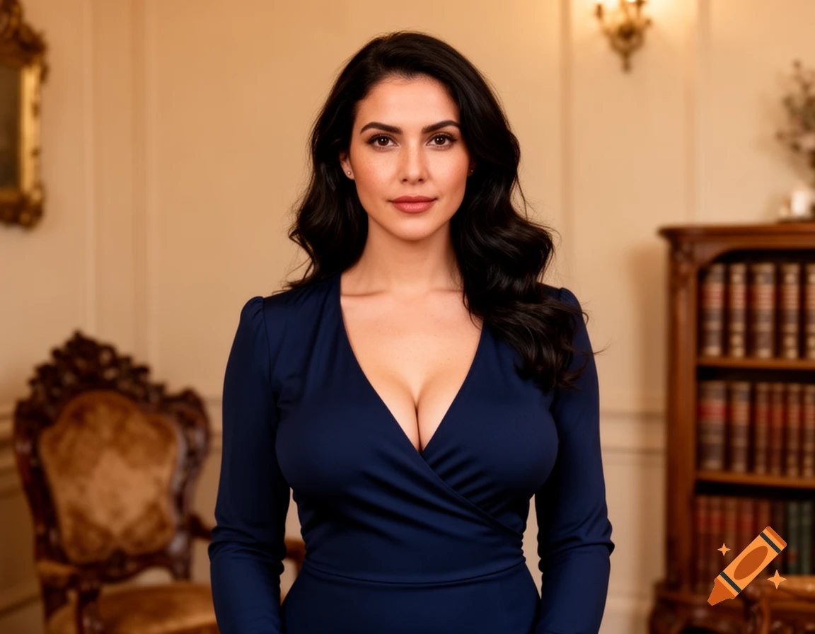 Photorealistic portrait of a woman with dark hair in a dark blue v-neck dress, standing in a study.