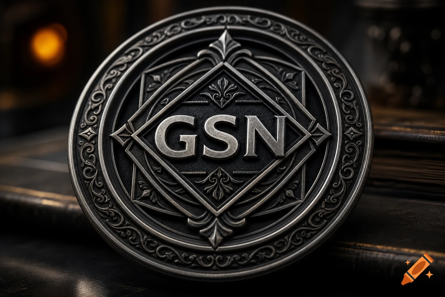 Dark, ornate metallic emblem with the letters GSN in the center, set against a blurred dark background.
