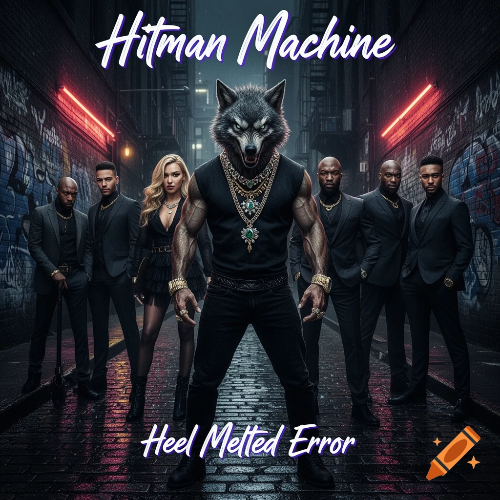 A muscular werewolf-like creature in an alley with neon lights and graffiti, wearing gold chains and surrounded by a woman and four men in suits. Text reads "Hitman Machine" and "Heel Melted Error".