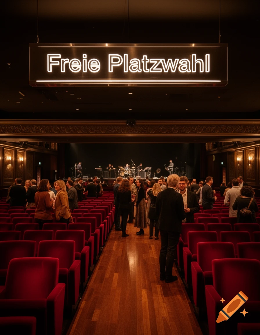 Auditorium with red seats, people mingling, and a neon sign 'Freie Platzwahl' above a stage with a band. Photorealistic.