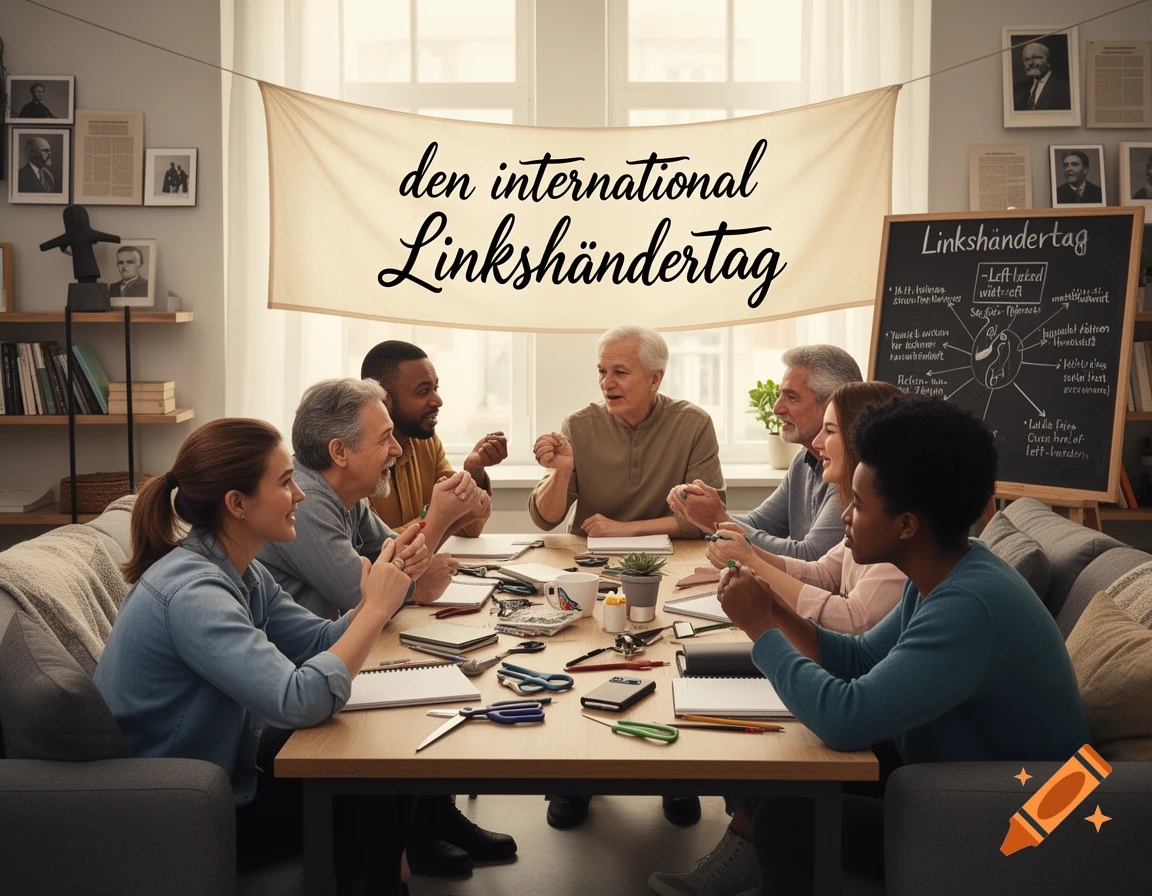 A diverse group of people sits around a table in a bright room, discussing under a banner reading 'den international Linkshändertag' and next to a blackboard with a mind map about left-handers.