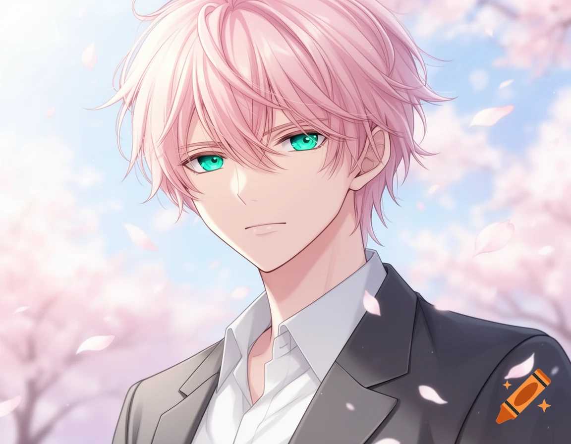 An anime boy with light pink hair and vibrant teal eyes wears a suit, standing among falling pink cherry blossoms.