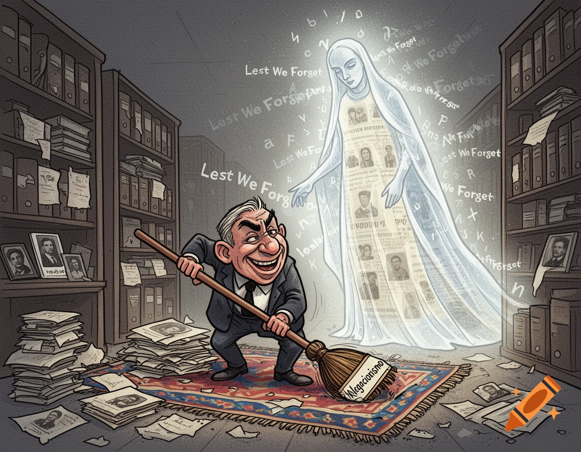 A smiling, caricatured man sweeps documents under a rug labeled "Negacionismo" as a ghostly figure of memory with faces on its dress hovers, surrounded by "Lest We Forget" text in a library.