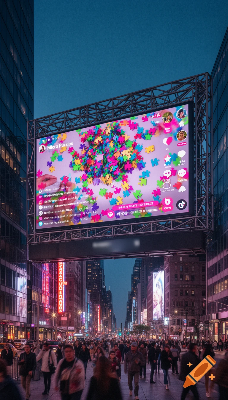 A large billboard displays a colorful 'Micro Puzzles' TikTok-like live stream interface over a busy city street at dusk, with people walking below.