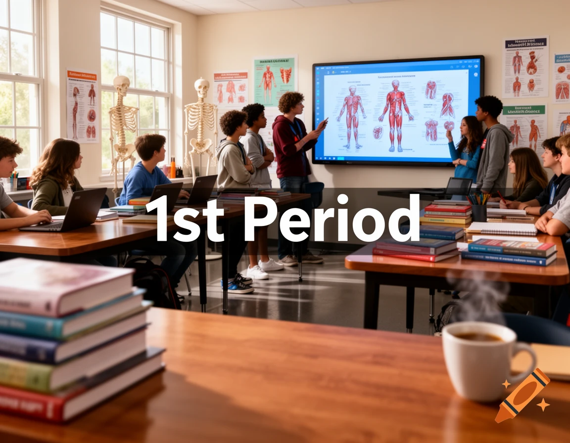 A photorealistic image of a health science classroom with students, skeletons, and anatomical charts. The text '1st Period' is overlaid.