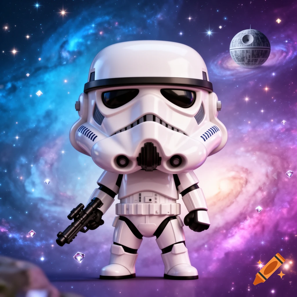 A chibi Stormtrooper holding a blaster stands in space with a colorful galaxy, twinkling stars, and the Death Star.