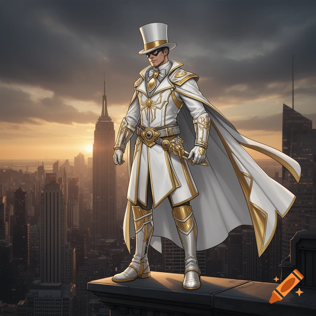 A white and gold superhero in a top hat and cape stands on a rooftop overlooking a city skyline at sunset, in a comic book art style.
