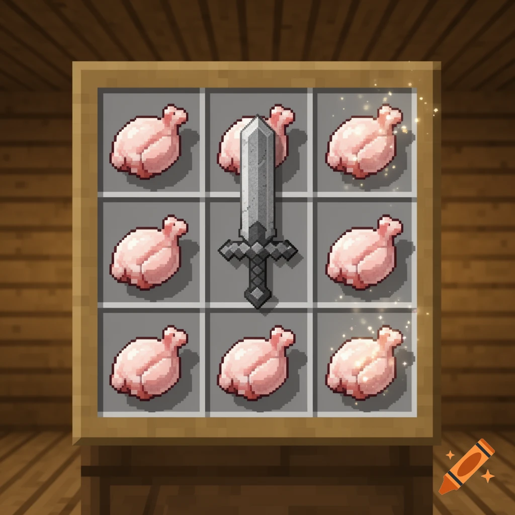 A pixel art image showing a Minecraft crafting grid with a stone sword in the center and raw chicken surrounding it.
