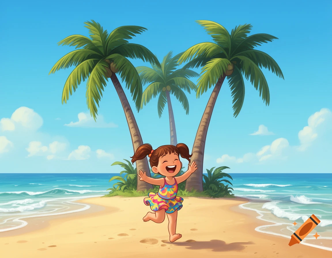 A happy cartoon girl in a colorful swimsuit runs on a sandy beach with three palm trees under a blue sky.