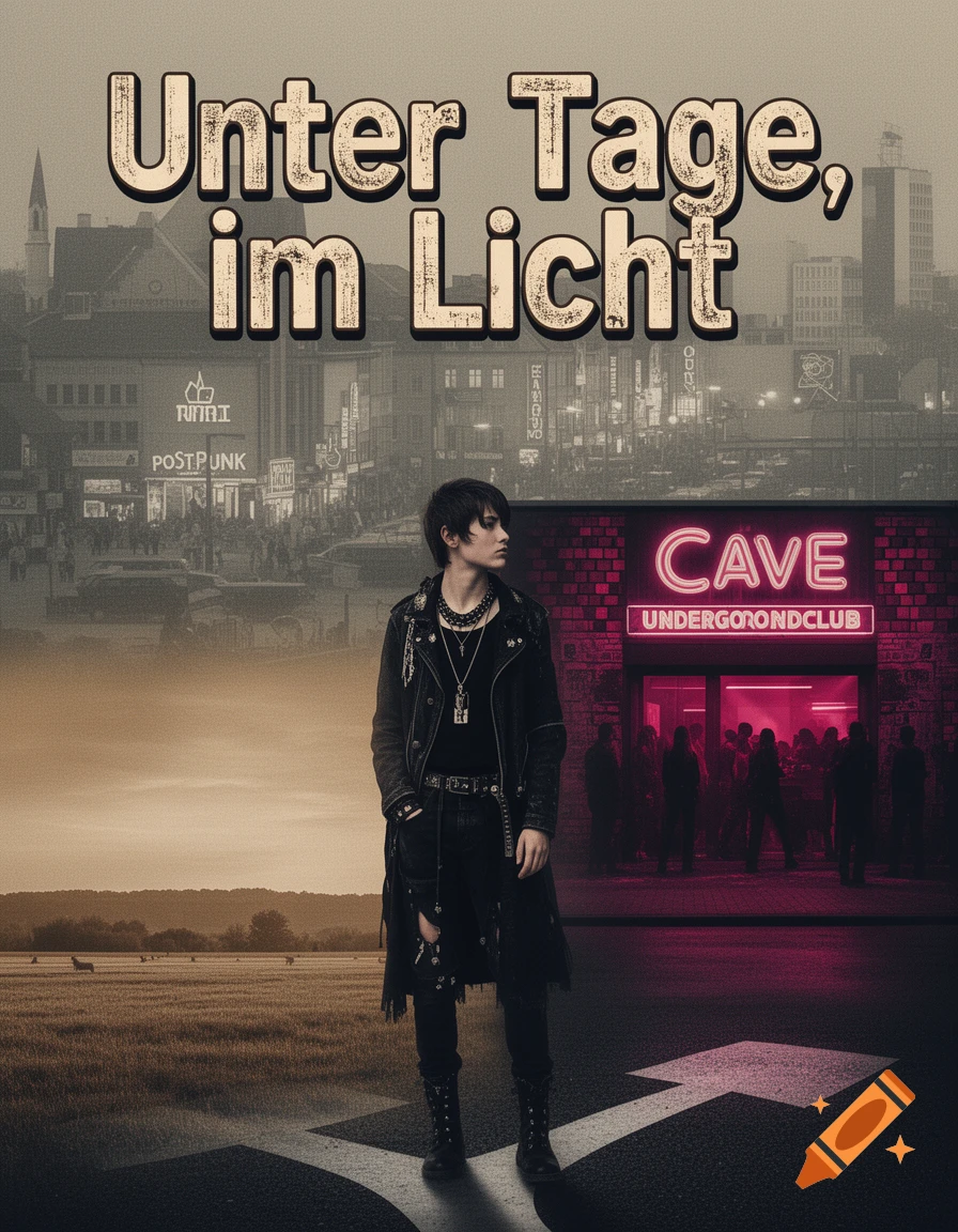 A book cover depicting a person in gothic attire standing at a crossroads, with an urban cityscape and club on one side and a rural landscape on the other. The title "Unter Tage, im Licht" is at the top.