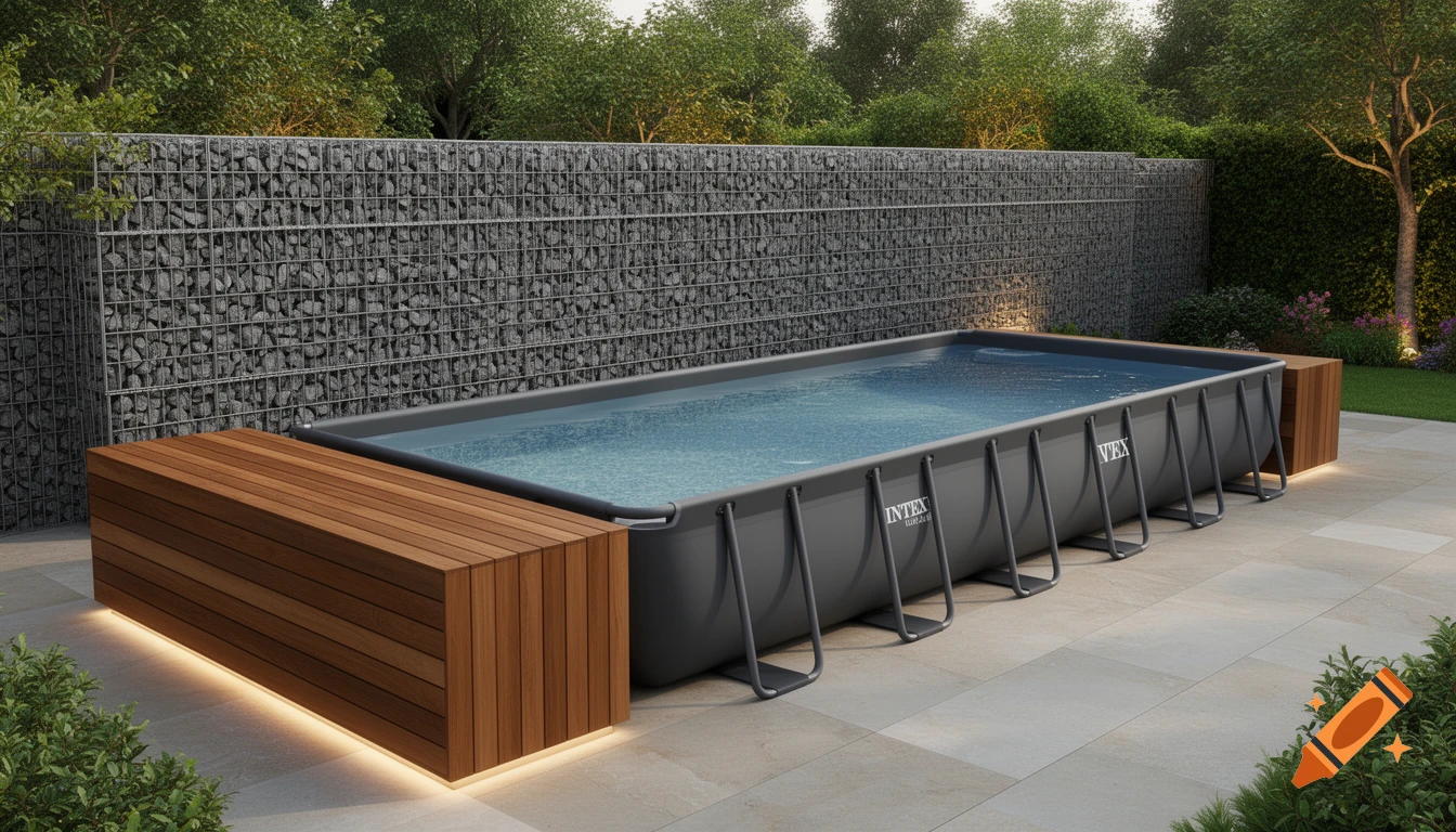 Modern garden with a dark grey rectangular Intex pool, a gabion wall, and a wood-clad deck on a paved patio.