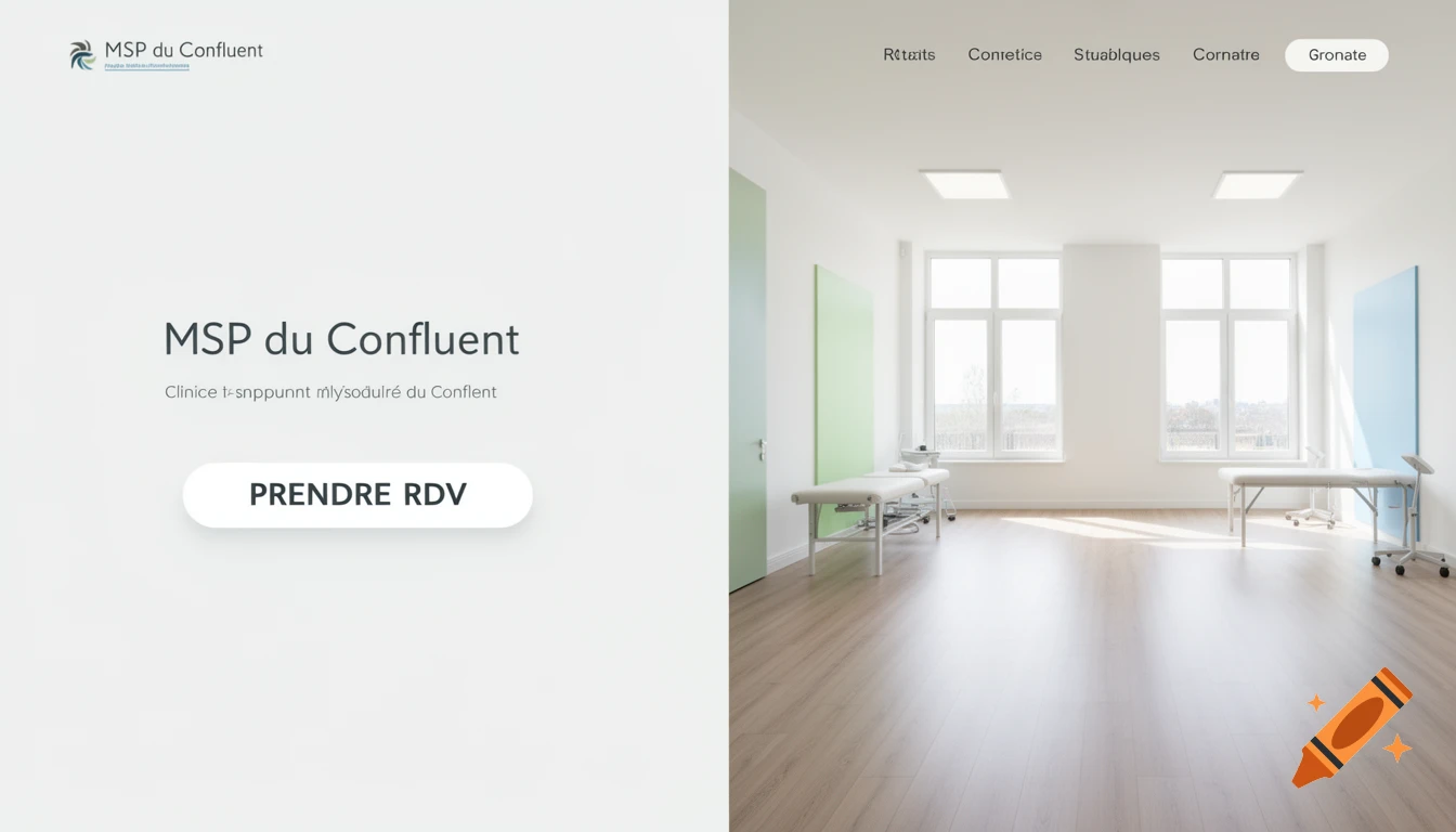 A modern, clean web design layout for a physiotherapy clinic. The left side features the clinic's name and a 'PRENDRE RDV' button. The right side shows a bright, minimalist clinic room with large windows, a wooden floor, and two examination tables.