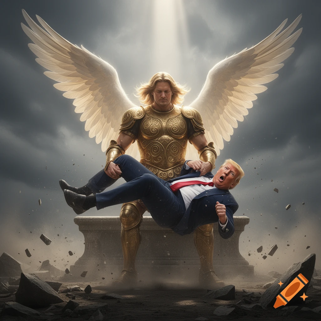 Archangel Michael in golden armor holds Donald Trump over his knee as rocks crumble, under a dramatic sky, photorealistic.