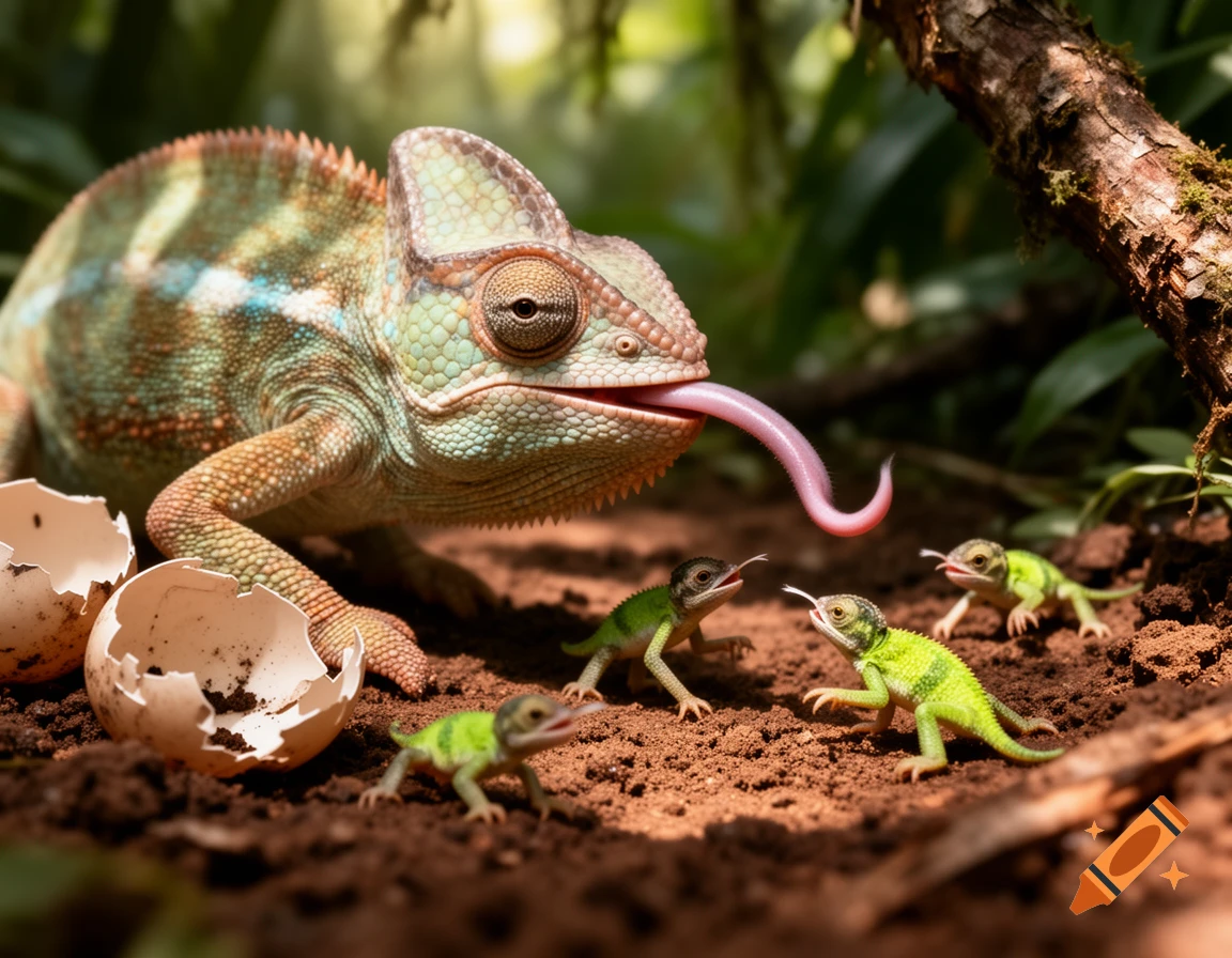 A large, colorful chameleon with an extended pink tongue watches three tiny, newly hatched chameleons on the ground by broken eggshells.