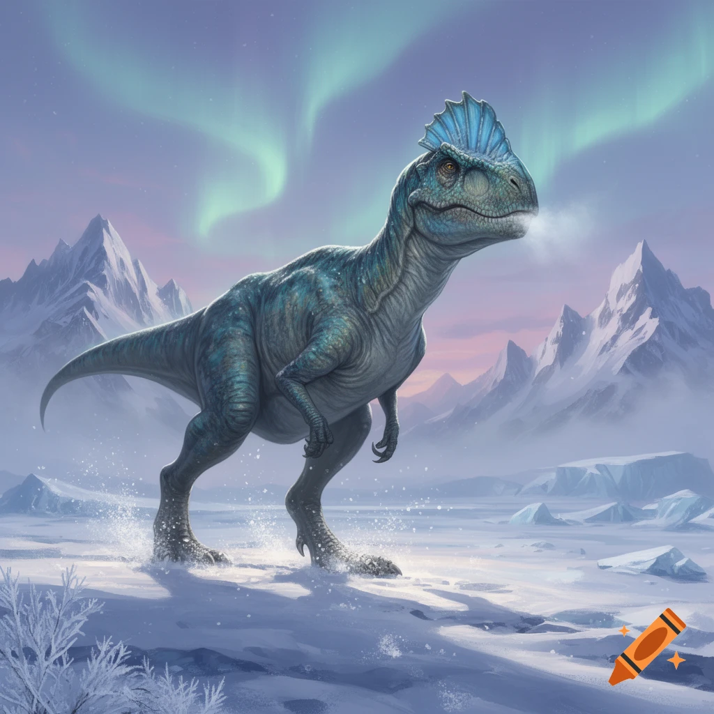 A majestic blue Cryolophosaurus dinosaur stands in a snowy arctic landscape under a sky lit by the aurora borealis.