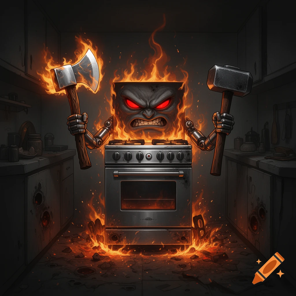 An angry, fiery anthropomorphic stove with glowing red eyes holds a fire axe and sledgehammer in a dark, burning kitchen.