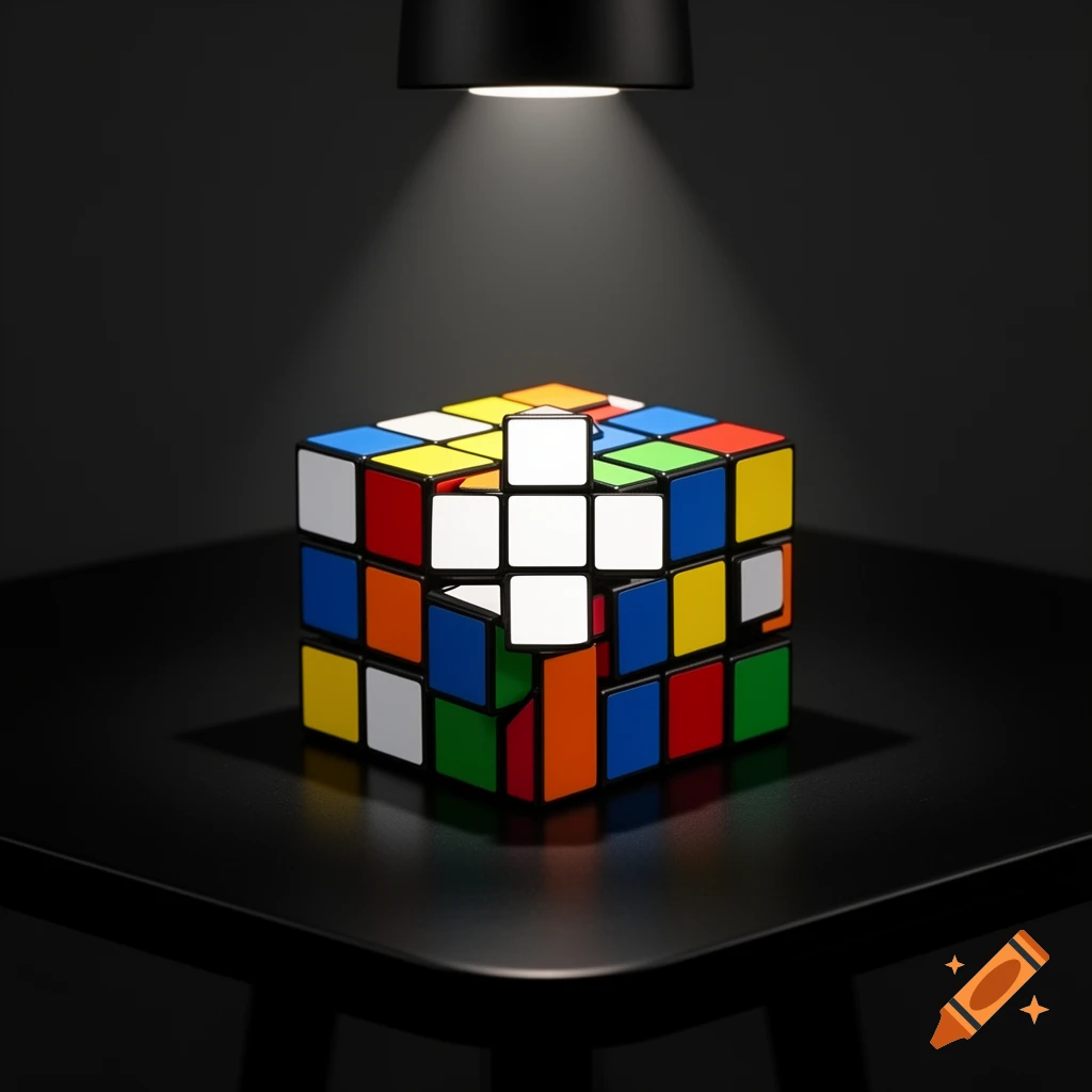 A partially solved Rubik's cube with a white cross, resting on a dark table under a spotlight, photorealistic.