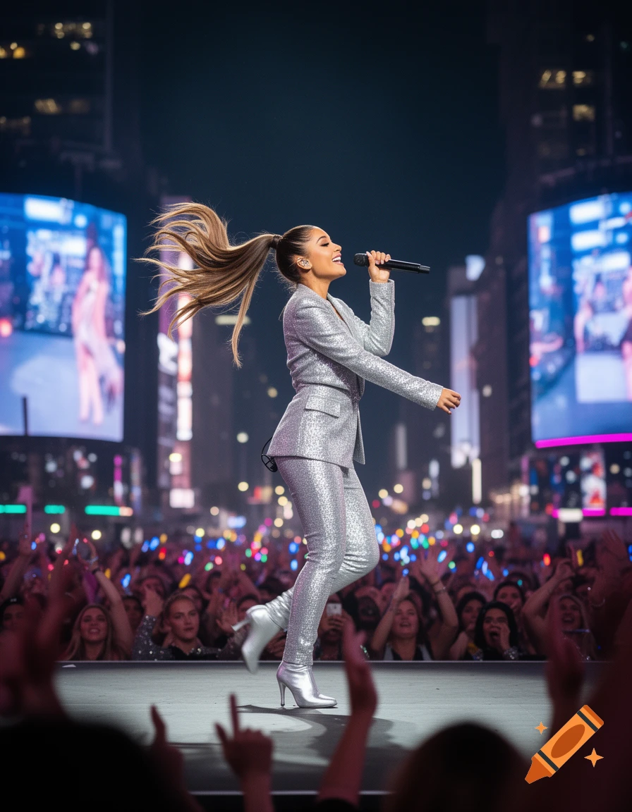 Ariana Grande in a sparkling silver suit sings into a microphone on stage, her long ponytail flowing, with a cheering crowd and bright screens in the background.