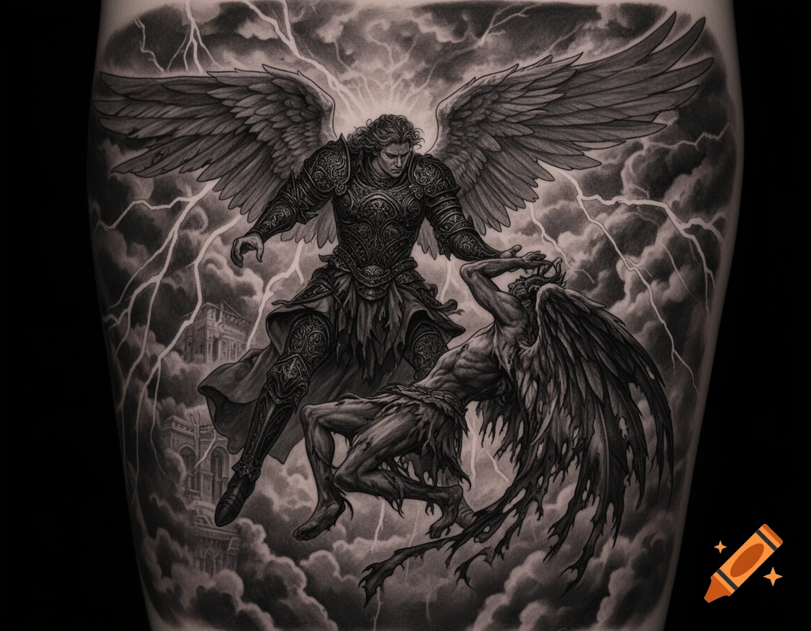 Black and grey Gothic tattoo of Archangel Michael casting down Lucifer amidst lightning and clouds.