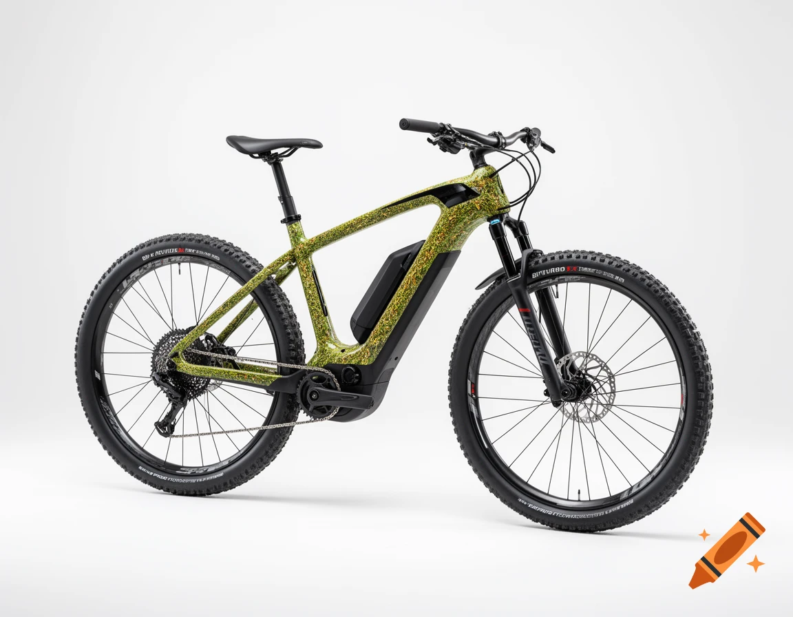 Photorealistic studio image of a green and black e-mountainbike with thick tires on a clean white background.