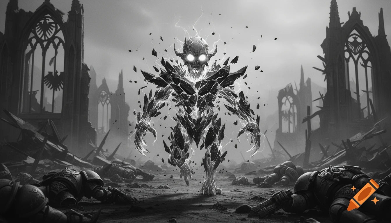 Monochrome image of a demonic creature made of shards and lightning in a ruined battlefield with dead armored soldiers.
