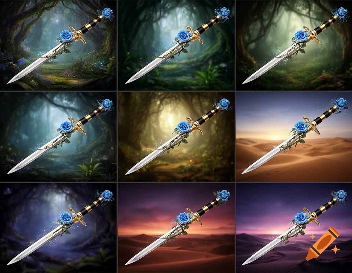 Nine fantasy swords with gold and black striped handles, blue glittering roses, and vine accents, displayed against varied magical forest and desert backgrounds.