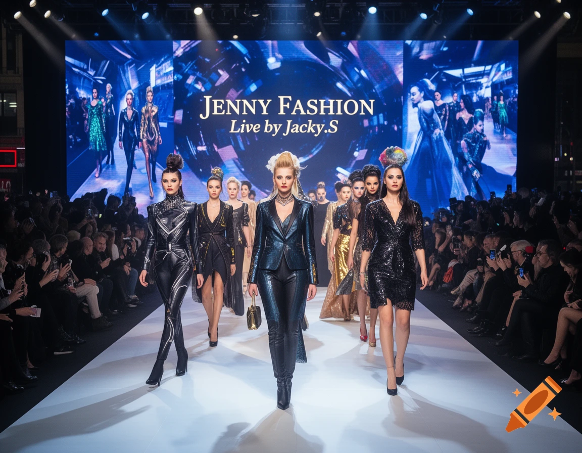 Models walk a runway at a fashion show with 'JENNY FASHION Live by Jacky.S' displayed on a large screen.