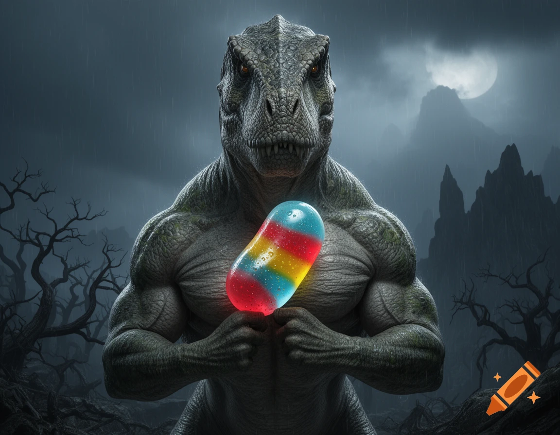 A muscular, photorealistic T-Rex-like creature holds a glowing, colorful jellybean in a dark, rainy, stormy landscape.