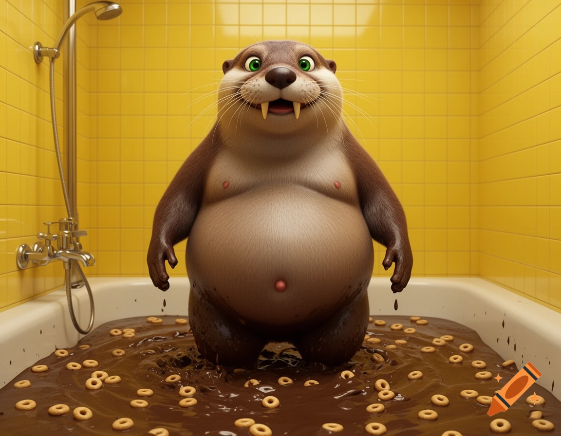 An obese 3D anthropomorphic otter stands smiling in a yellow tiled bathtub filled with gooey brown mud and Cheerios.