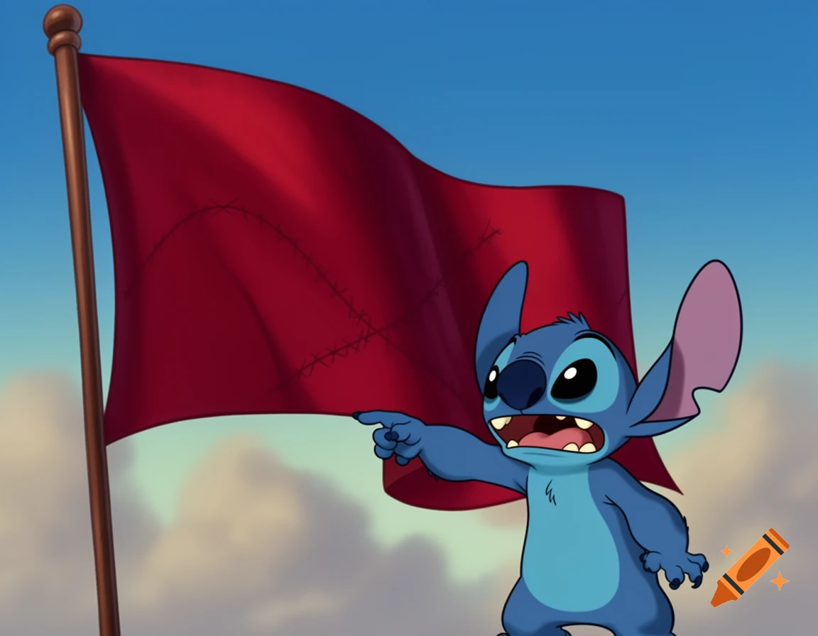 A cartoon image of Stitch, with a frustrated expression, pointing at a large red flag against a blue sky with clouds.
