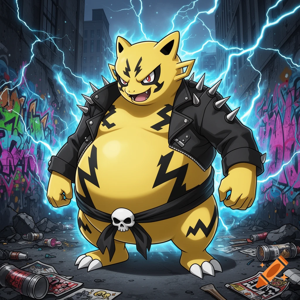 A plump Electabuzz-like creature in a black spiked punk jacket and skull belt stands in a graffiti-covered alley with blue lightning.