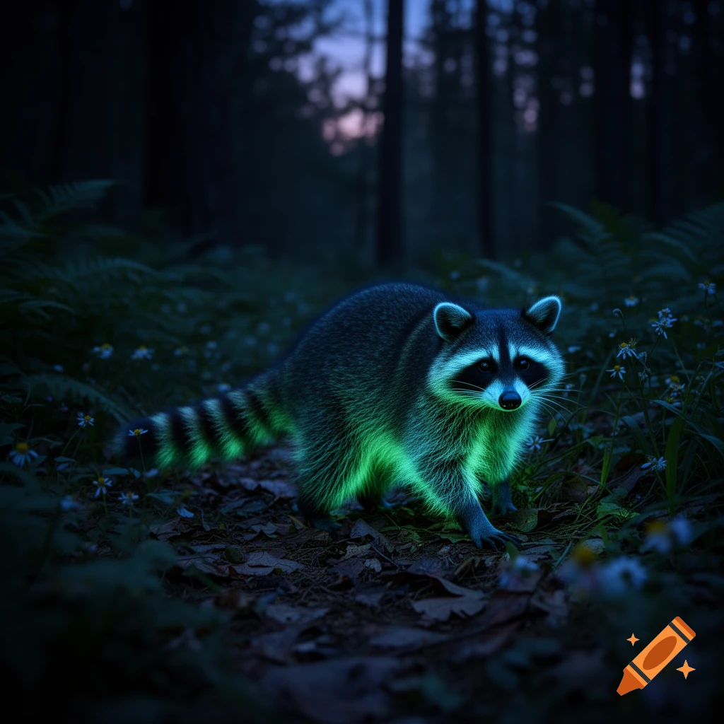 A bioluminescent raccoon with a bright green glow on its fur walks across a dark forest floor at dusk.