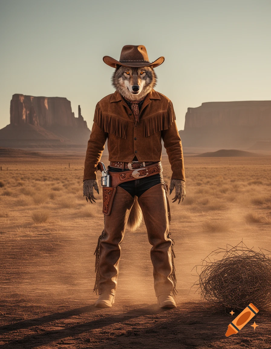 Anthropomorphic wolf cowboy in a fringed jacket, chaps, and hat stands in a dusty desert landscape with mesas.