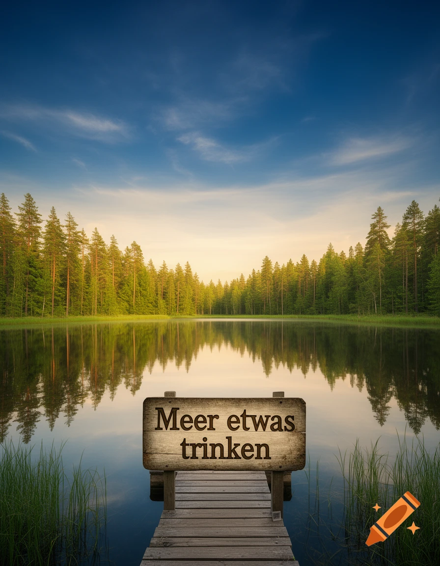A wooden dock extends into a calm lake surrounded by a dense pine forest under a blue and golden sky, with a sign reading "Meer etwas trinken" in the foreground.