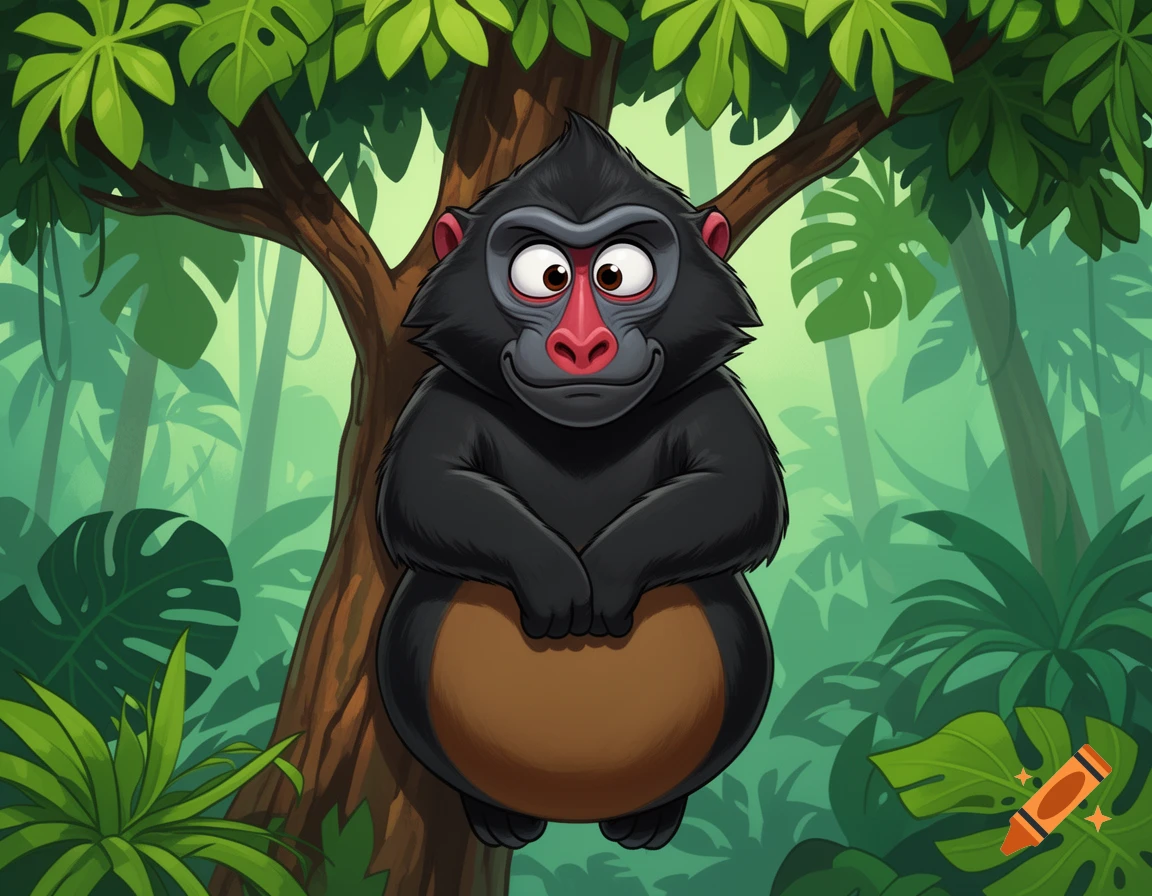 A cartoon black baboon with a red face and brown belly sits in a tree in a lush green jungle.