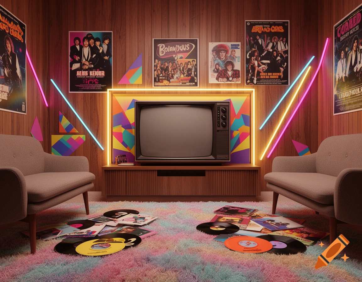 A retro 80s living room with wood-paneled walls, an old TV, two armchairs, a rainbow shag rug, and vinyl records scattered on the floor. Neon lights and posters adorn the walls.