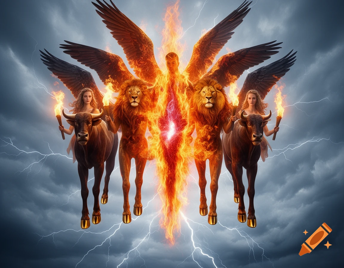 An epic, highly detailed fantasy image featuring a central fiery winged figure, flanked by two flaming lion-headed humanoids and two winged women riding bulls, all against a stormy sky with lightning.