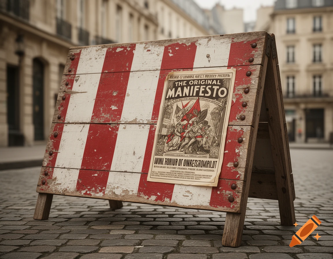 A vintage, red and white striped A-frame sign with a 'THE ORIGINAL MANIFESTO' poster on a cobblestone street in a blurry city.