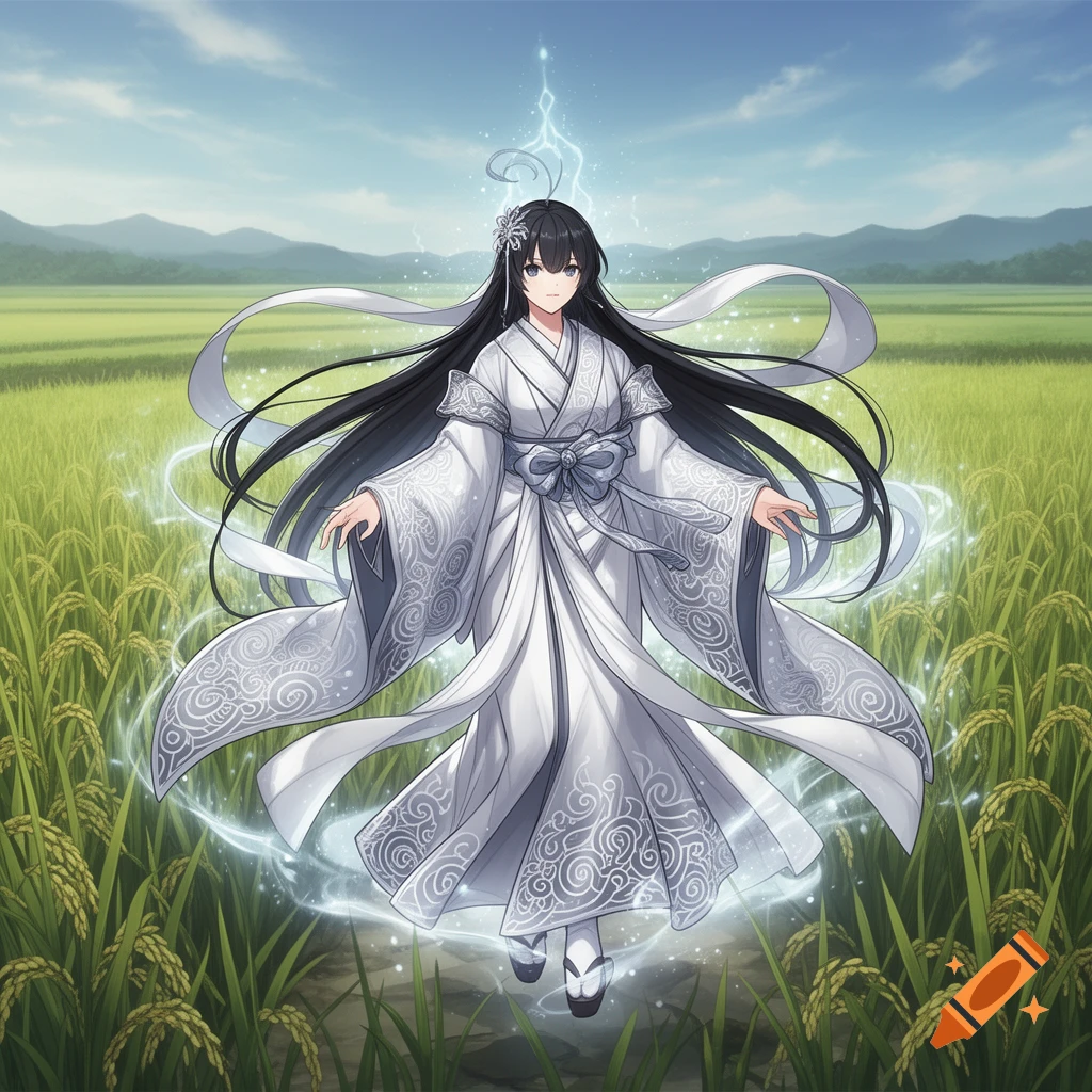 Anime girl with long dark hair, wearing a white patterned kimono, floating with a magical aura in a green rice field under a blue sky.