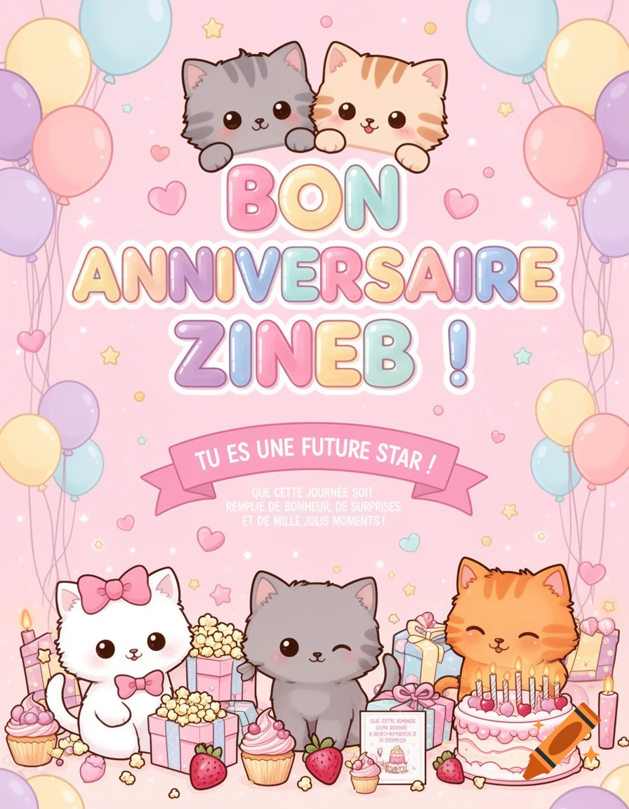 A pastel pink kawaii birthday poster with cute cats, balloons, presents, cupcakes, and text "BON ANNIVERSAIRE ZINEB!"