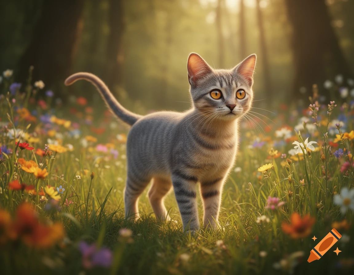 A striped tabby cat stands in a sunlit field of colorful wildflowers, looking directly ahead in a photorealistic style.