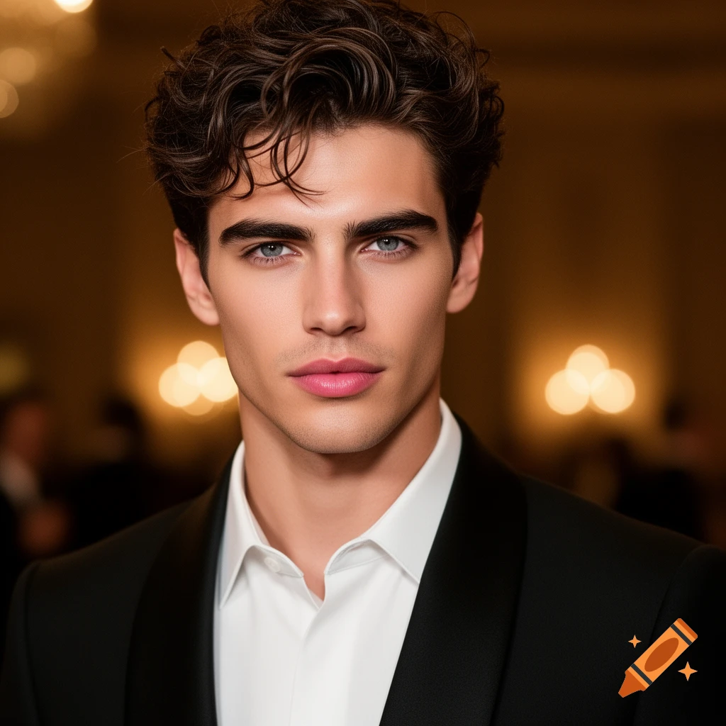 Photorealistic portrait of a handsome young man with wavy dark hair and blue eyes, wearing a black tuxedo and white shirt, against a warm blurred background.