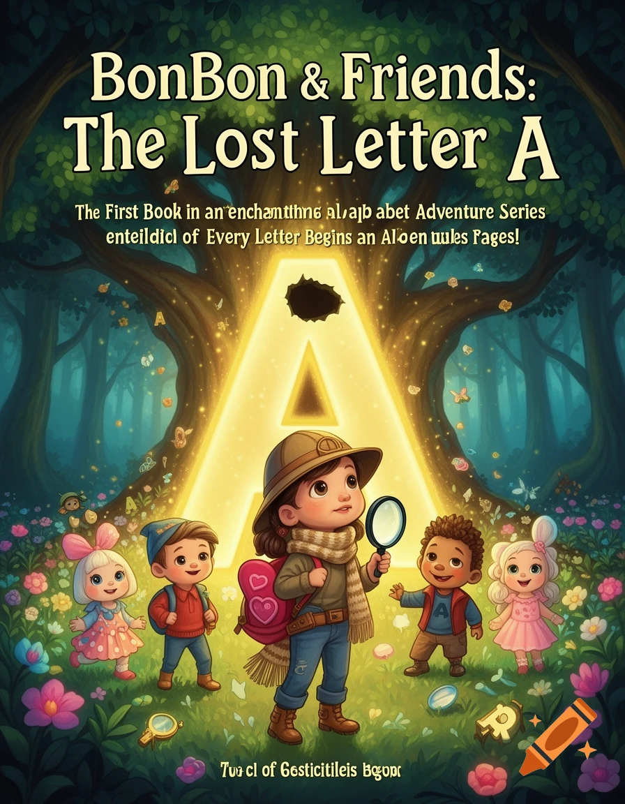 A book cover for 'BonBon & Friends: The Lost Letter A' shows a young explorer with a magnifying glass and four friends in a magical forest with a giant glowing letter A.