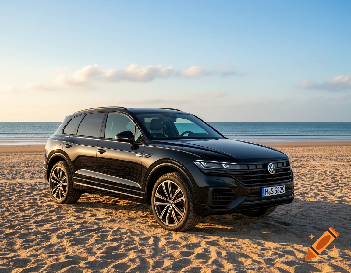 A black Volkswagen Touareg SUV parked on a sandy beach with the ocean and blue sky in the background.