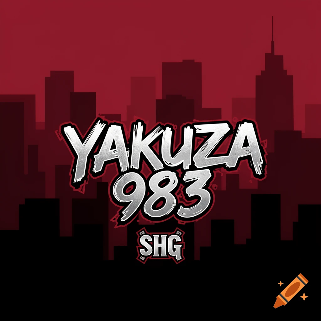 A logo featuring the text "YAKUZA 983" in a stylized silver font with a black outline, above the smaller text "SHG", set against a red background with a black cityscape silhouette.