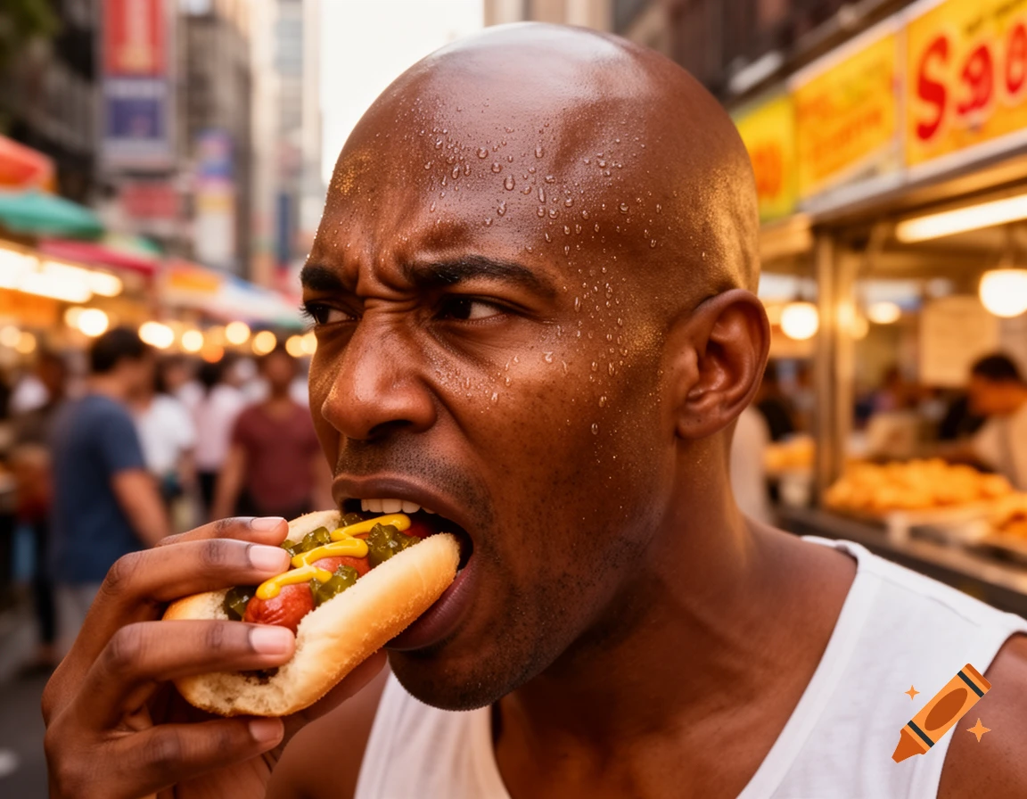 Bald African American man sweating while intensely eating a hot dog on a busy city street.