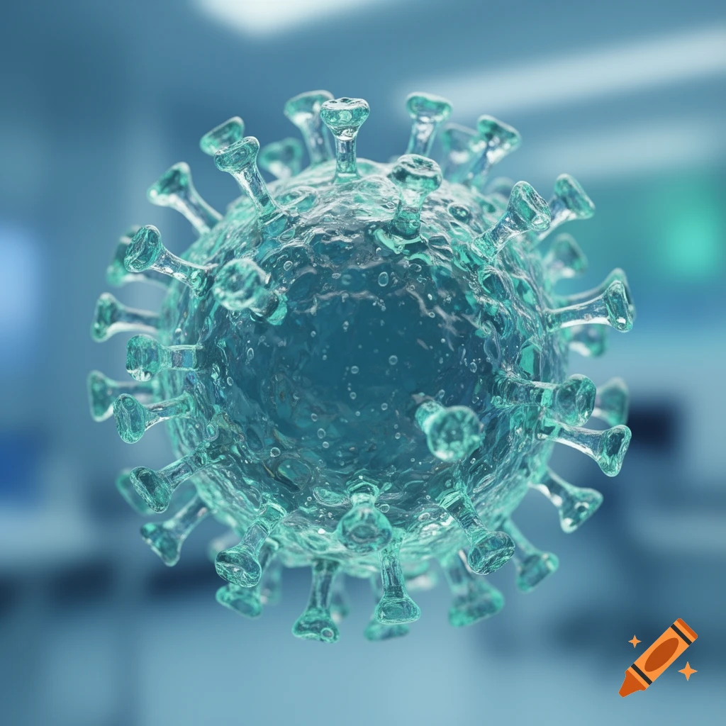 A highly detailed 3D rendering of a teal-colored virus with numerous spike proteins, against a blurred blue scientific background.