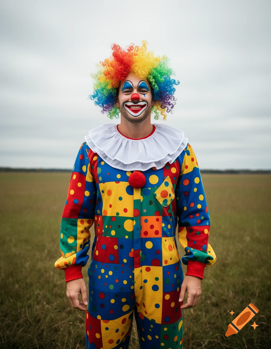 A man in a colorful patchwork clown suit with a large ruffled collar, rainbow wig, and painted smile stands in a grassy field.