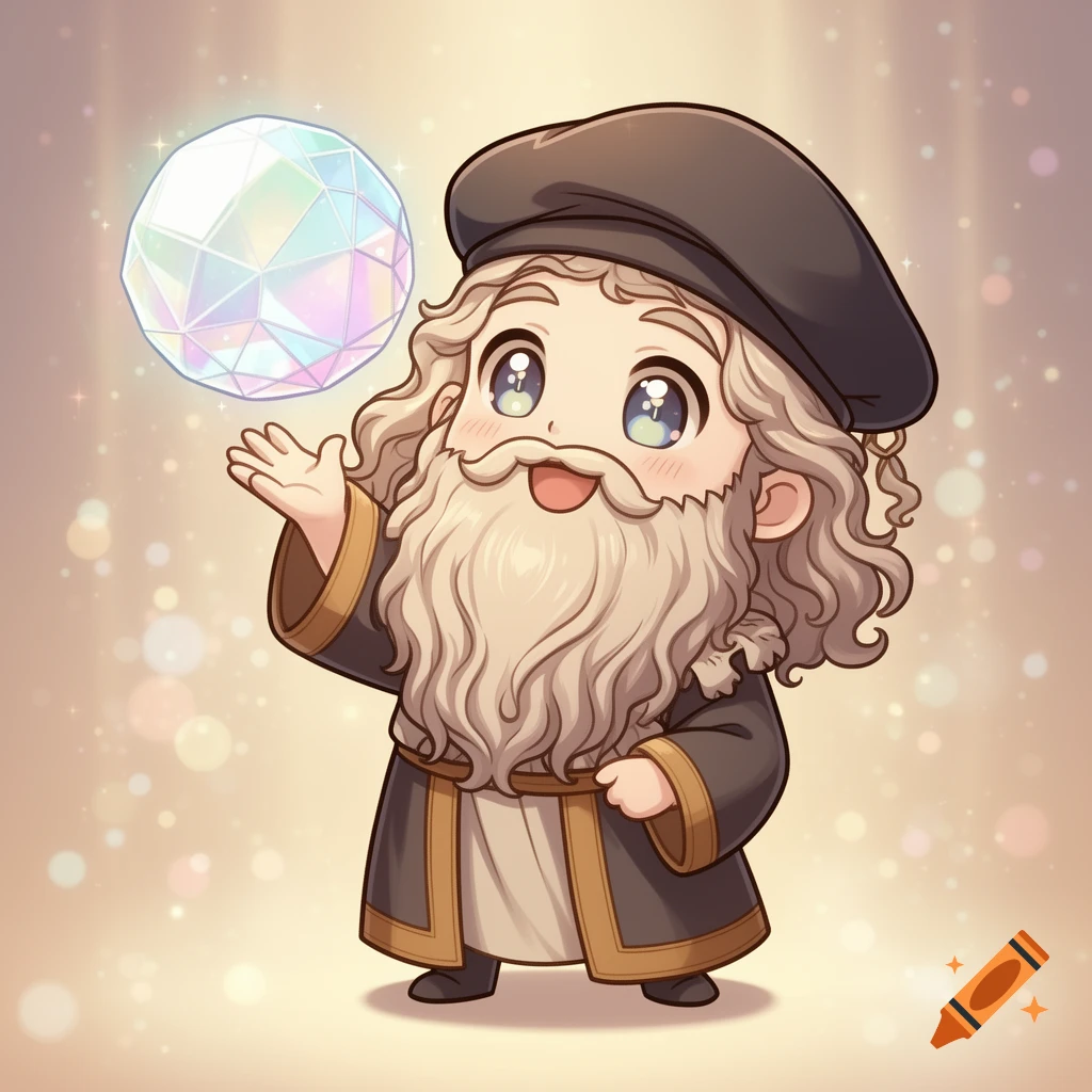 A cute chibi Leonardo Da Vinci with a long beard and a beret, holding up a sparkling geodesic dome in his hand.