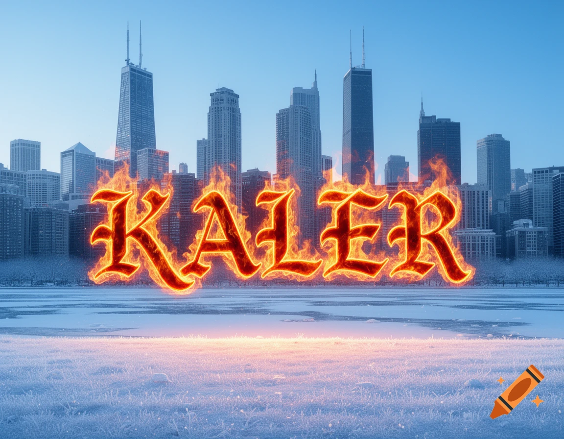 Flaming text 'KALER' in an old English font over an icy winter Chicago cityscape with skyscrapers under a clear blue sky.